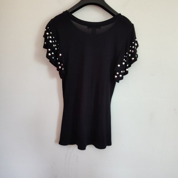 Ladies SZ PM Inc Black Flutter Sleeve T-Shirt - Picture 3 of 4